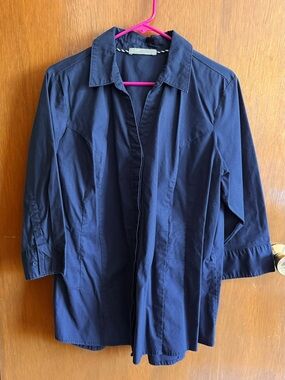 Riders by Lee 3/4 Sleeve Navy Blue Stretch Blouse Button Down XL